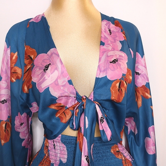 Free People Cassie Women Mini Dress Size SmalFloral V Neck Long Sleeve - Picture 5 of 11